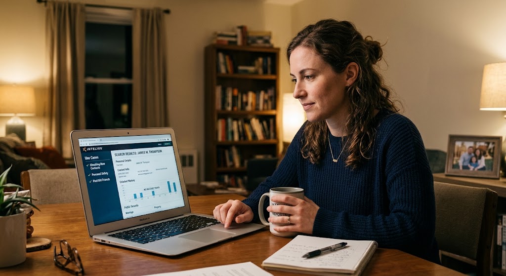 A woman sits at a wooden table holding a coffee mug while reviewing a digital background check report on her laptop.