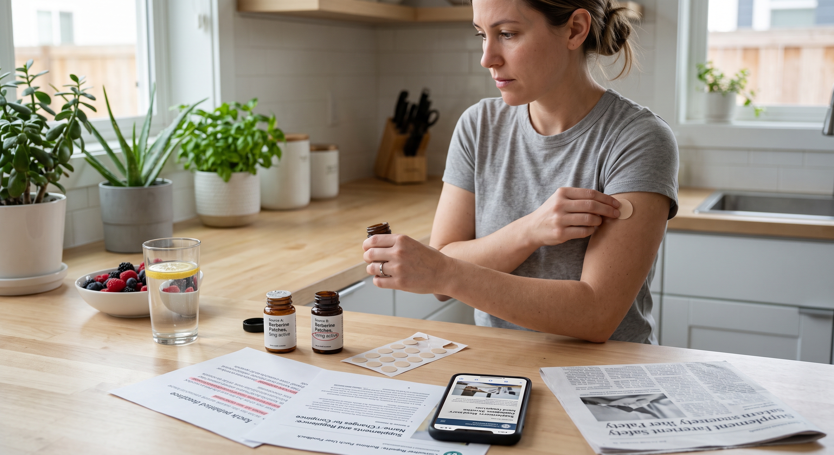 A woman in a grey t-shirt holds a bottle and applies a patch to her arm at a kitchen island, with supplements and papers.