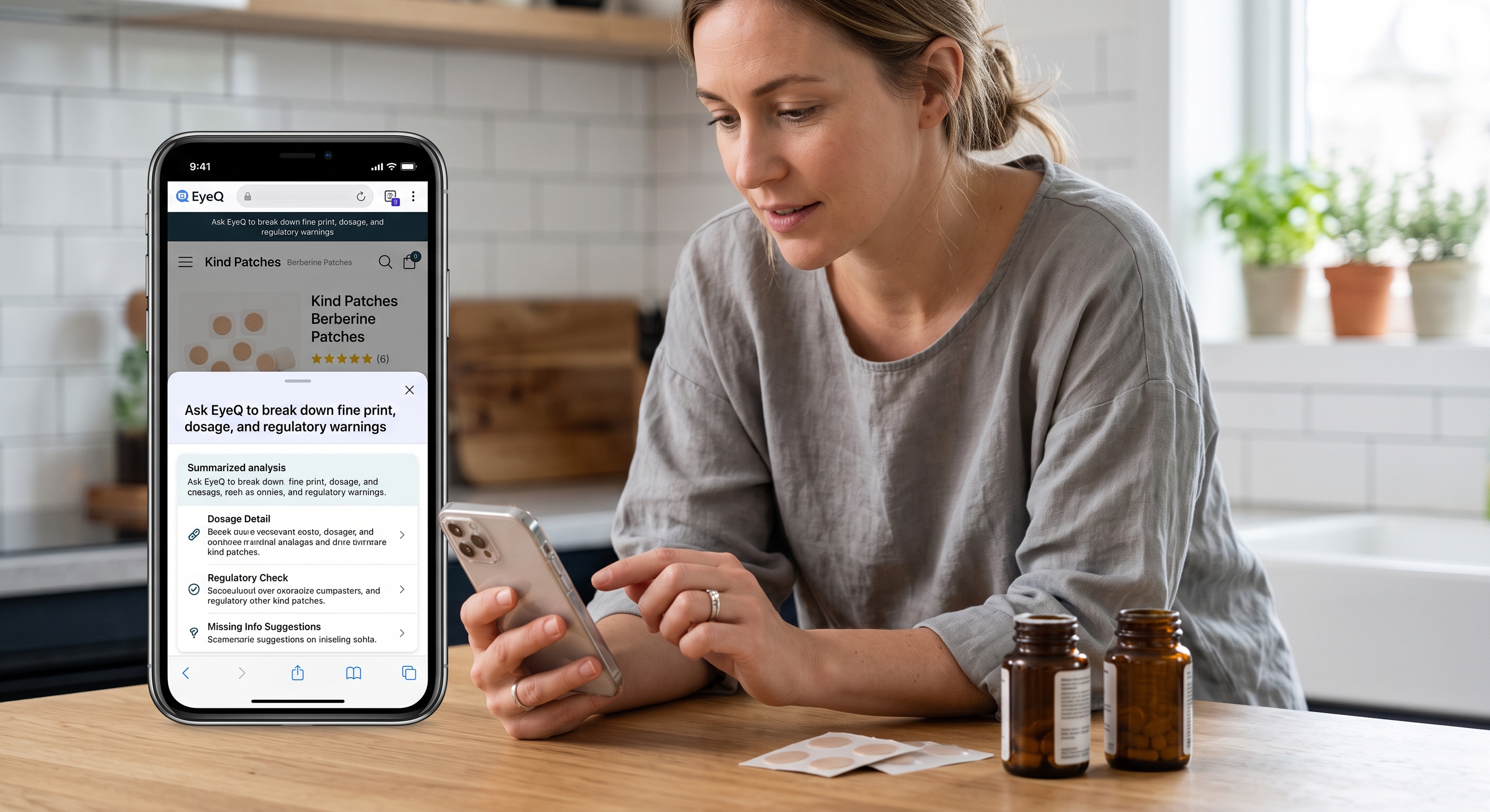 A woman in a grey shirt holds a phone showing an EyeQ analysis on "Kind Patches Berberine Patches" at a kitchen counter.