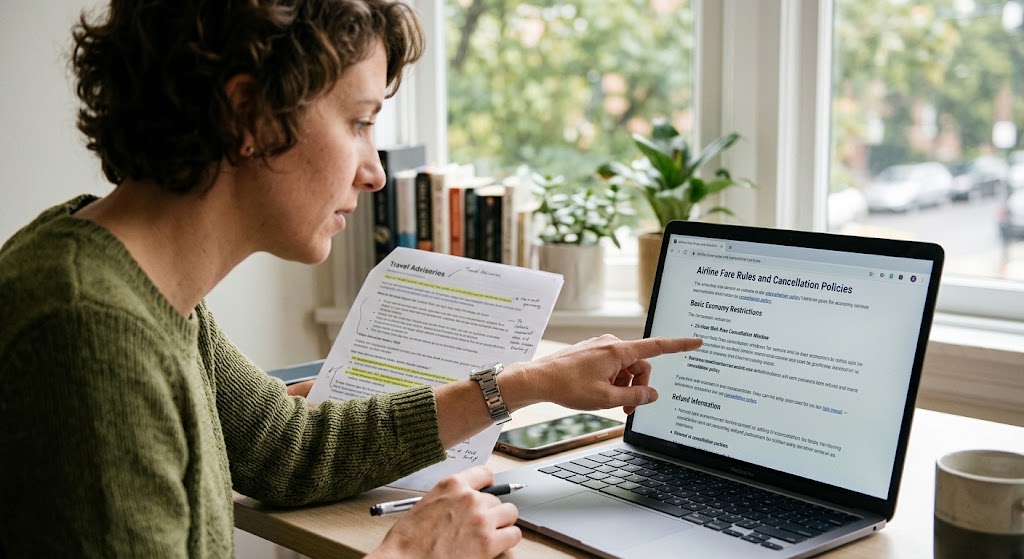 A person reviews airline fare rules and basic economy cancellation policies on a laptop at a bright desk with notes.