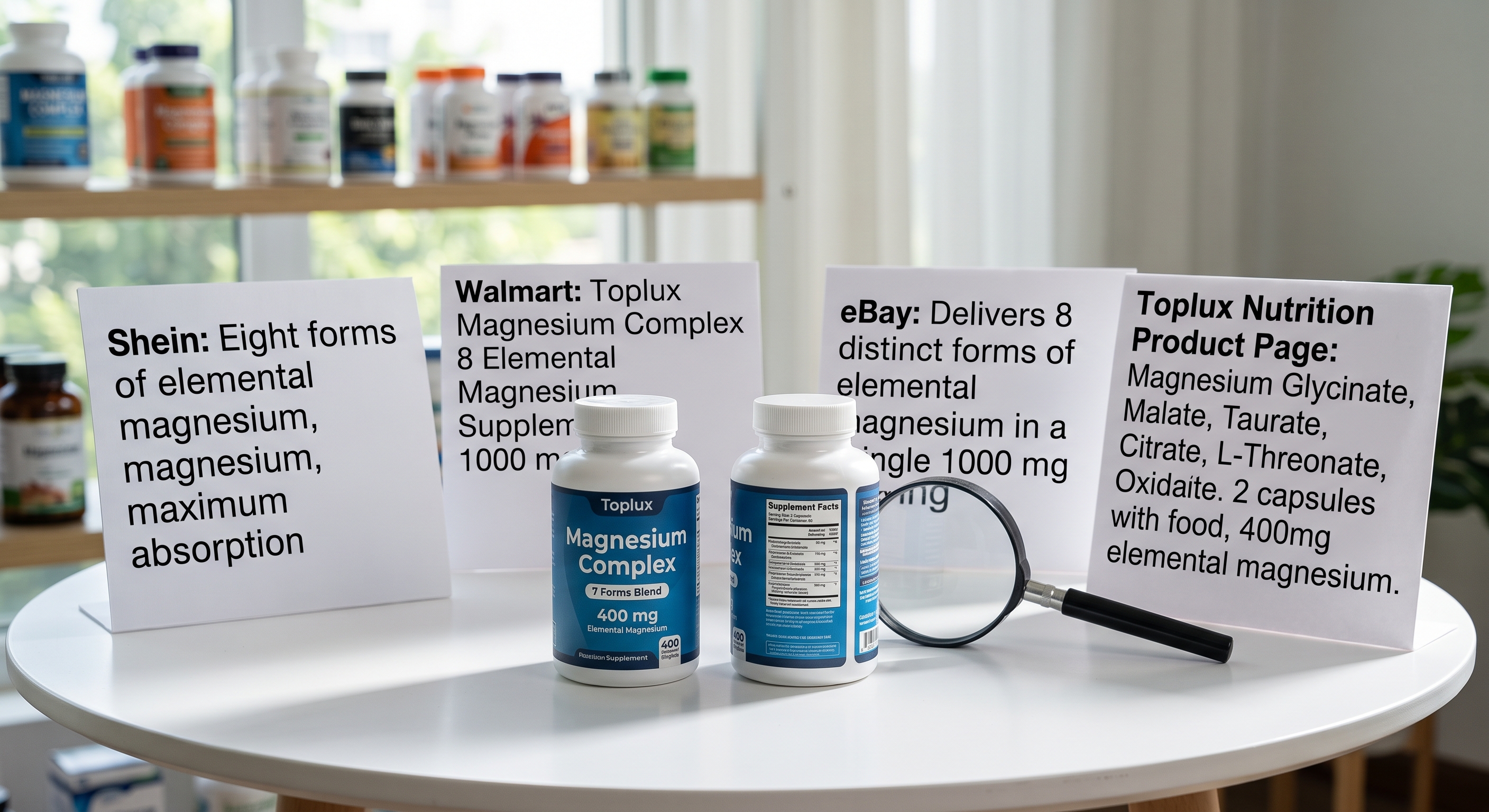 Two bottles of magnesium supplement sit on a table with signs displaying conflicting product details from different sellers.