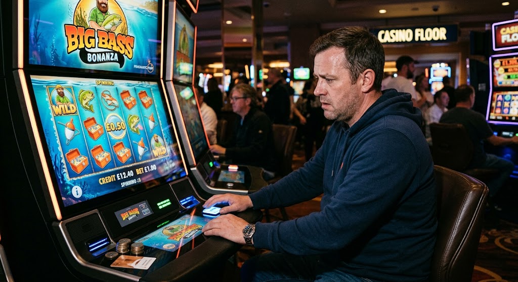 Man thoughtfully playing Big Bass Bonanza slot machine on a bright casino floor, managing bankroll amidst game variance.