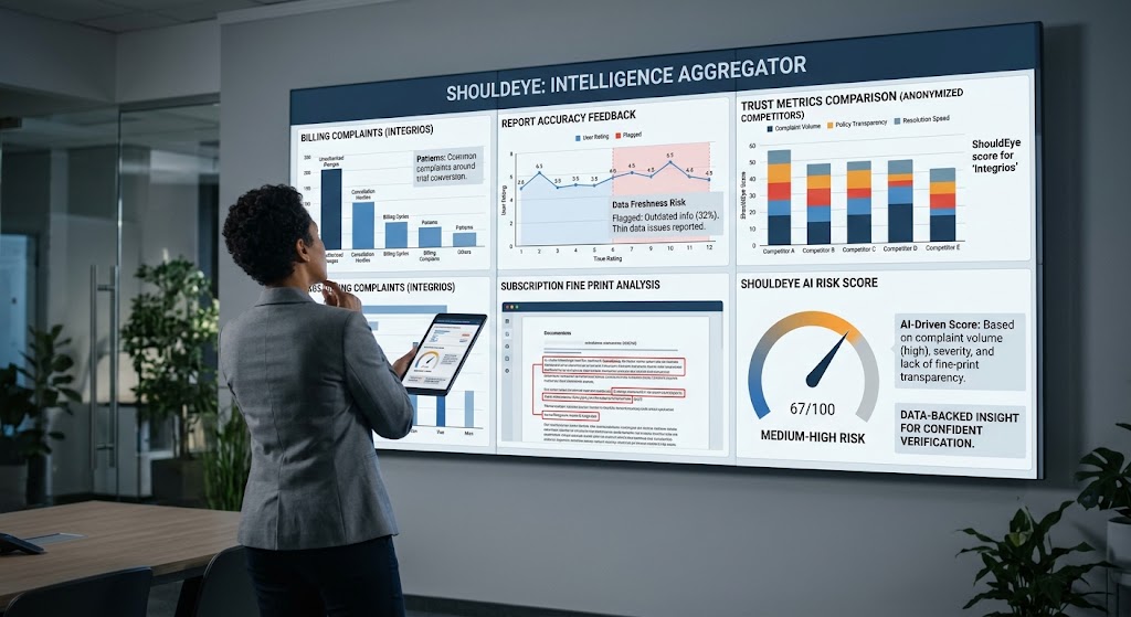 A woman uses a tablet to analyze a large screen showing charts for data analysis, business insights, and an AI risk score.