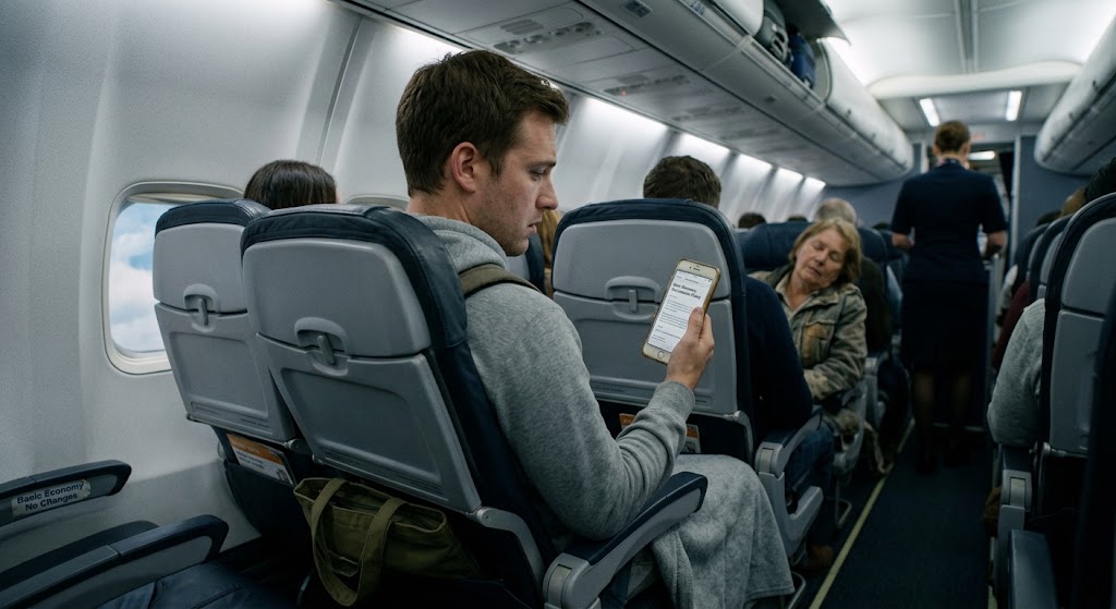 A male passenger sits in a cramped airplane aisle seat, reading basic economy flight restrictions on his smartphone.