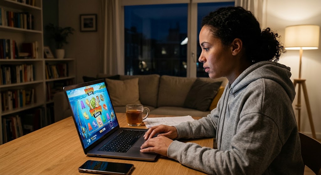 A focused woman sits at a table at home, analyzing a vibrant online slot game running on her laptop screen.