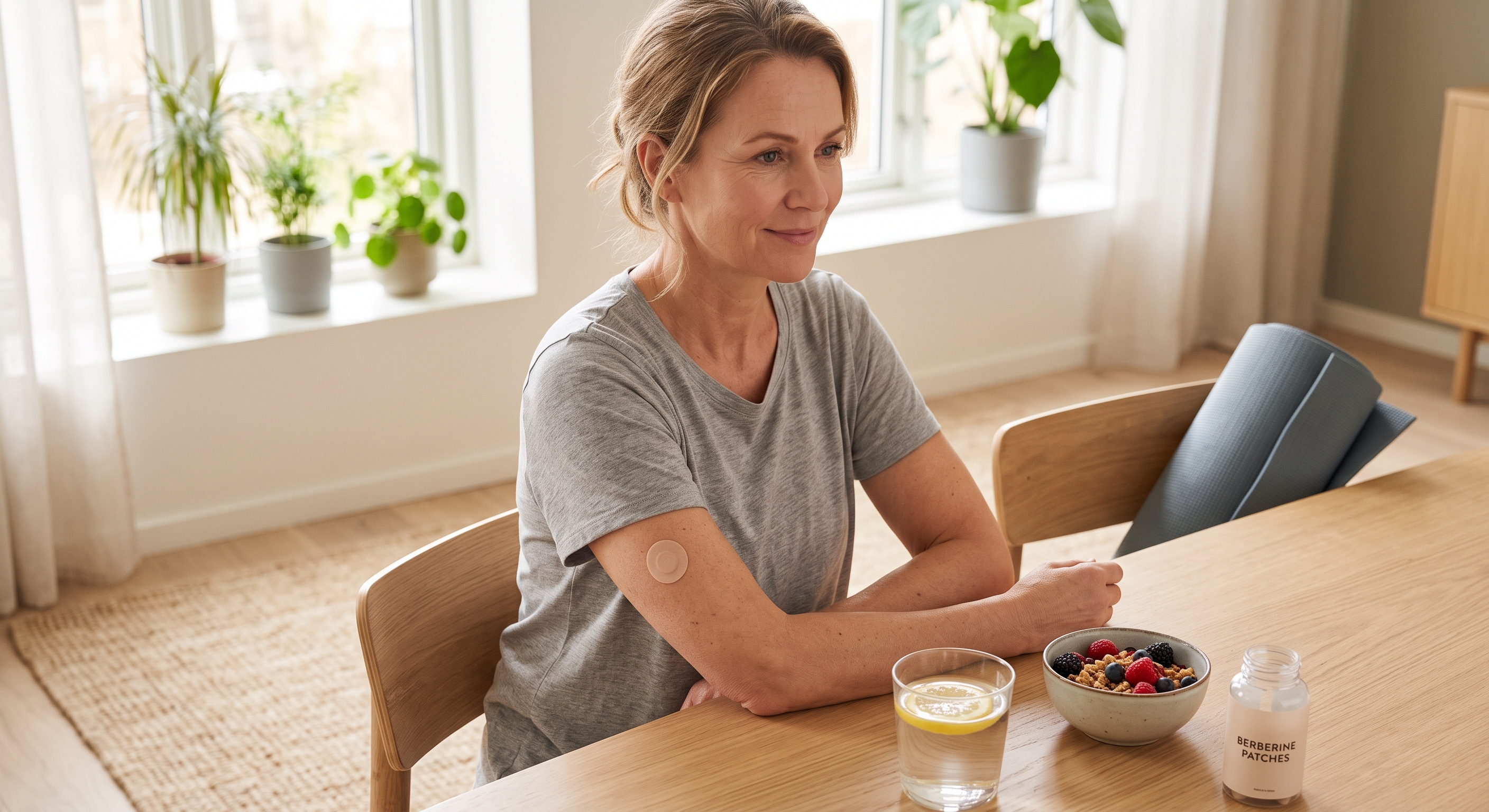 A woman in a grey t-shirt, with a round beige patch on her upper arm, sits at a table with a bowl of berries and a glass.