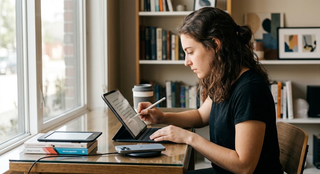 A young woman uses a digital stylus on a tablet at a modern wooden desk with a smartphone and reader nearby.