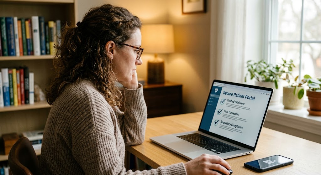 A woman with glasses looks at a laptop screen showing a secure patient portal checklist for data encryption and compliance.