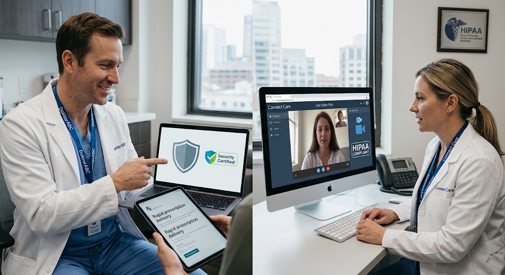 Side-by-side comparison of telehealth apps: DoktorABC's prescription focus versus Connect Care's HIPAA video visits.