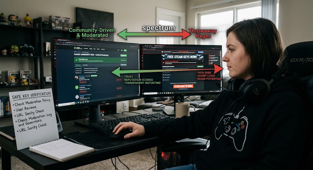 Gamer reviewing two monitors showing moderated versus suspicious key giveaway websites alongside a safety verification note.