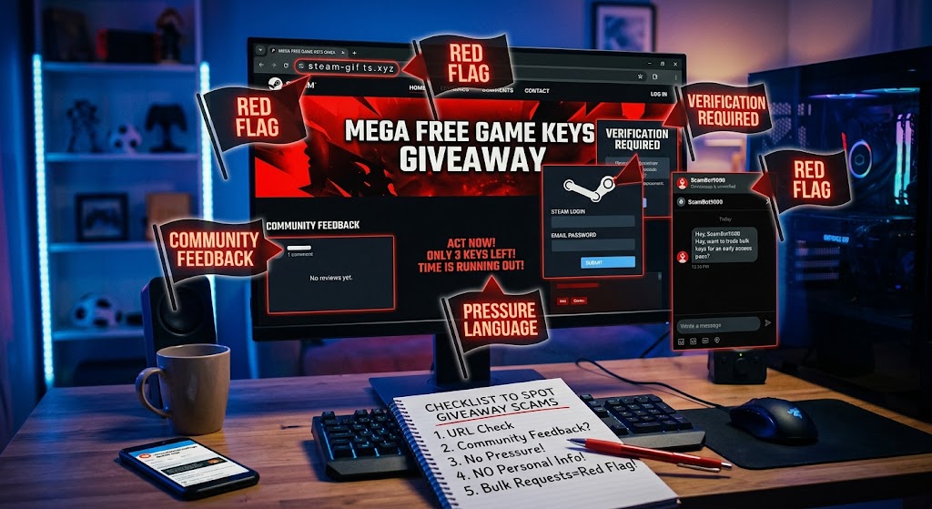 Computer screen displaying a fake giveaway page highlighting red flags like bad URLs, pressure tactics, and login prompts.