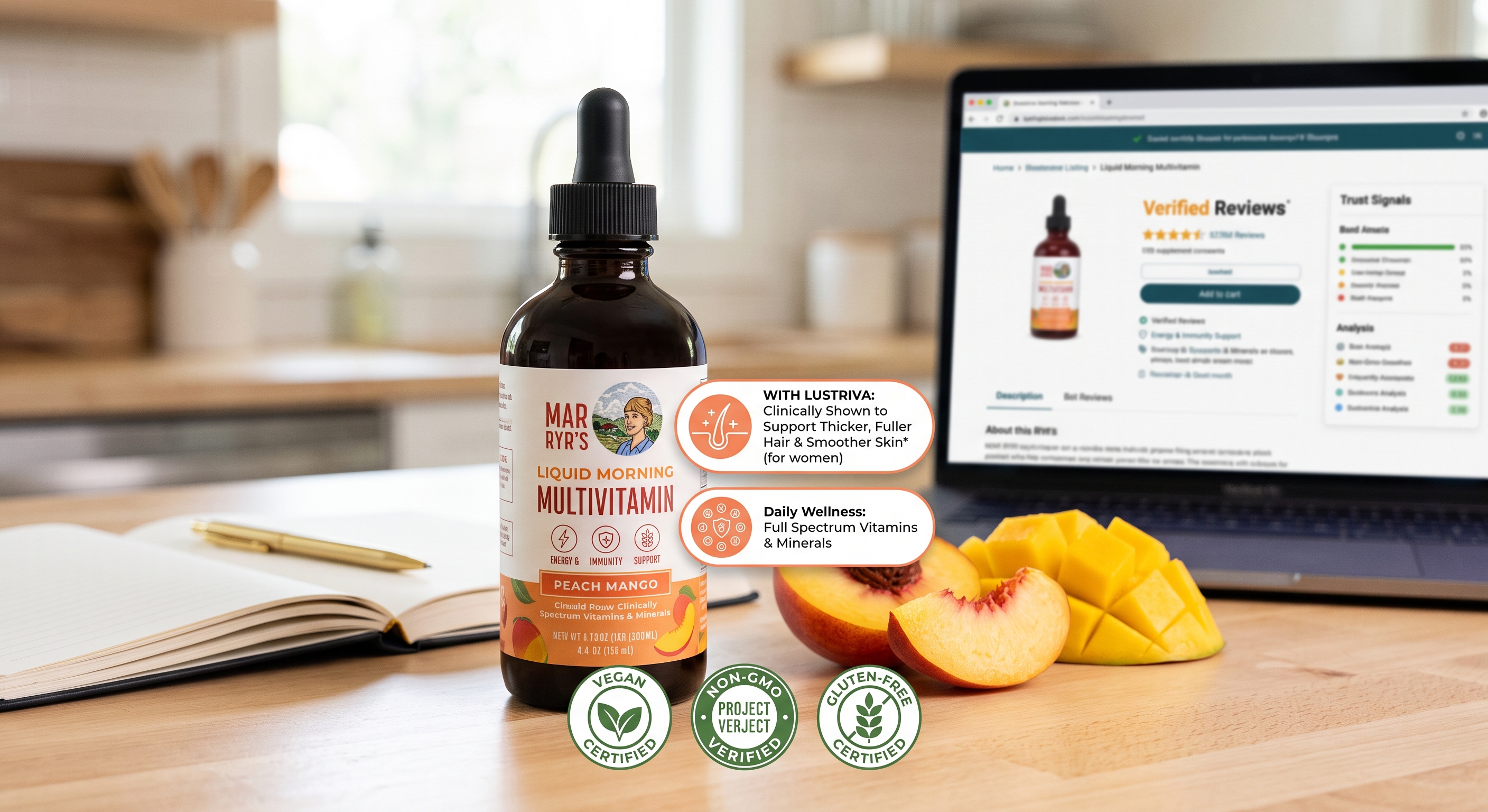 Peach mango liquid multivitamin bottle on a kitchen counter next to fresh fruit, a laptop page, and badged claims.