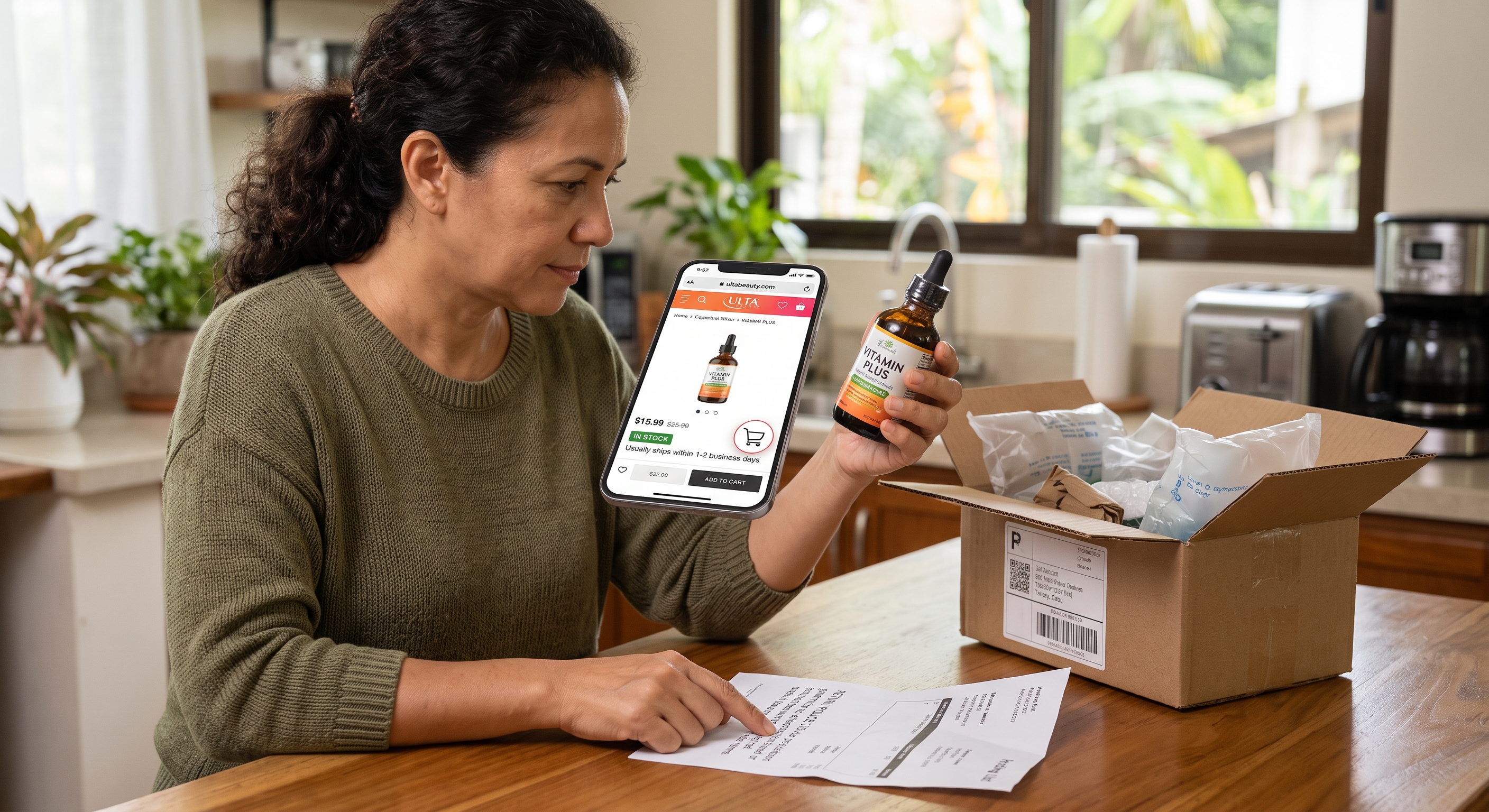Woman inspects liquid supplement bottle and shipping invoice next to open delivery box, checking phone listing.