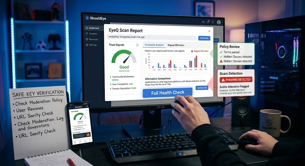 ShouldEye EyeQ security dashboard running link analysis, trust score evaluation, and scam detection on a desktop screen.