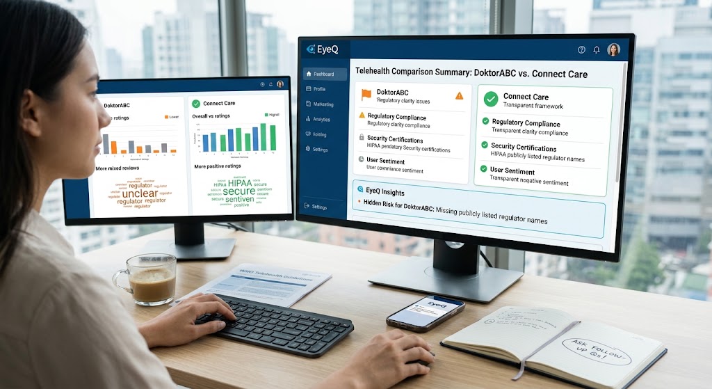 Using EyeQ to Make a Decision  When you’ve gathered the raw data, EyeQ can help you synthesize it. Ask EyeQ to compare the regulatory compliance, security certifications, and user review sentiment of DoktorABC versus Connect Care in seconds. The AI-driven summary provided by EyeQ surfaces hidden risks like the lack of publicly listed regulator names for DoktorABC so you can ask follow-up questions before committing. Using EyeQ streamlines complex research, allowing you to quickly cross-reference telehealth regulations, review ratings, and operational claims without spending hours searching multiple sites.