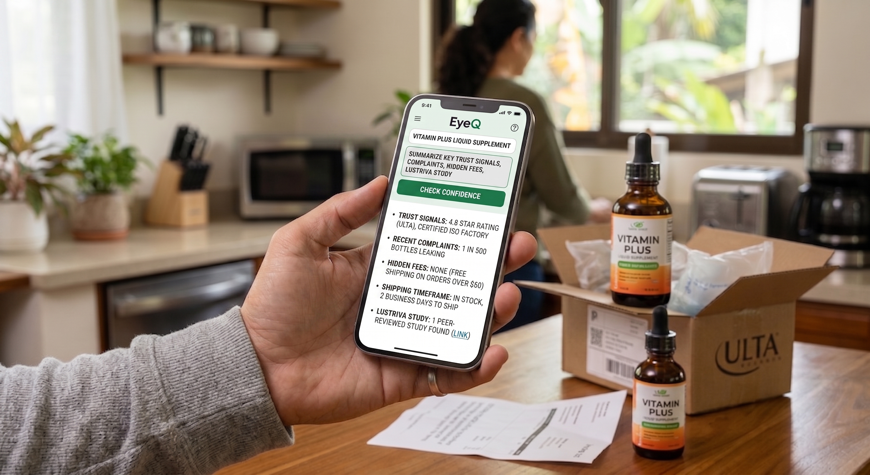 Hand holds phone displaying EyeQ app with specific product details, next to Vitamin Plus bottles and Ulta shipping boxes.