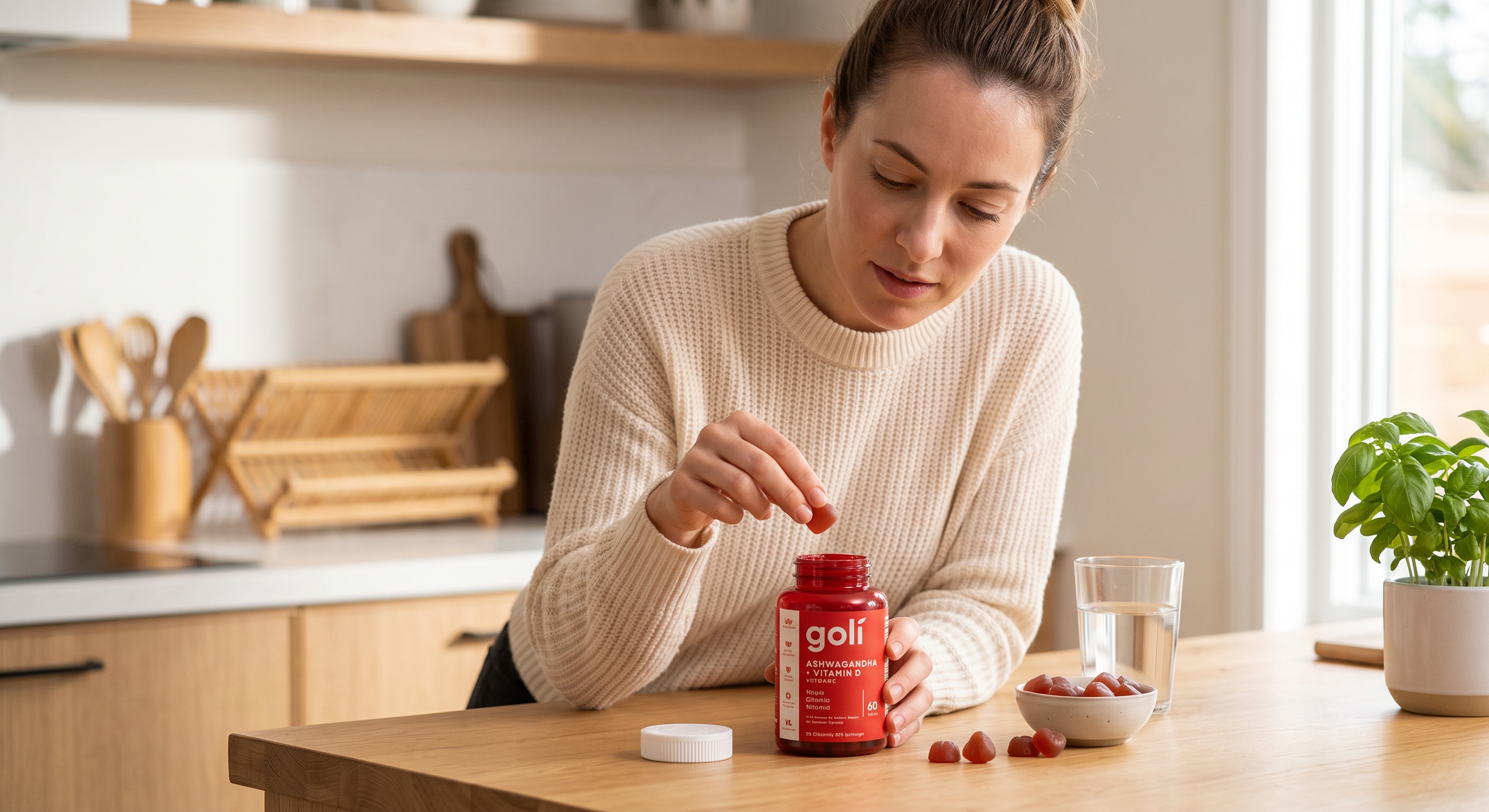 A woman in a kitchen looks at a bottle of Goli Ashwagandha + Vitamin D gummies, holding a single gummy.