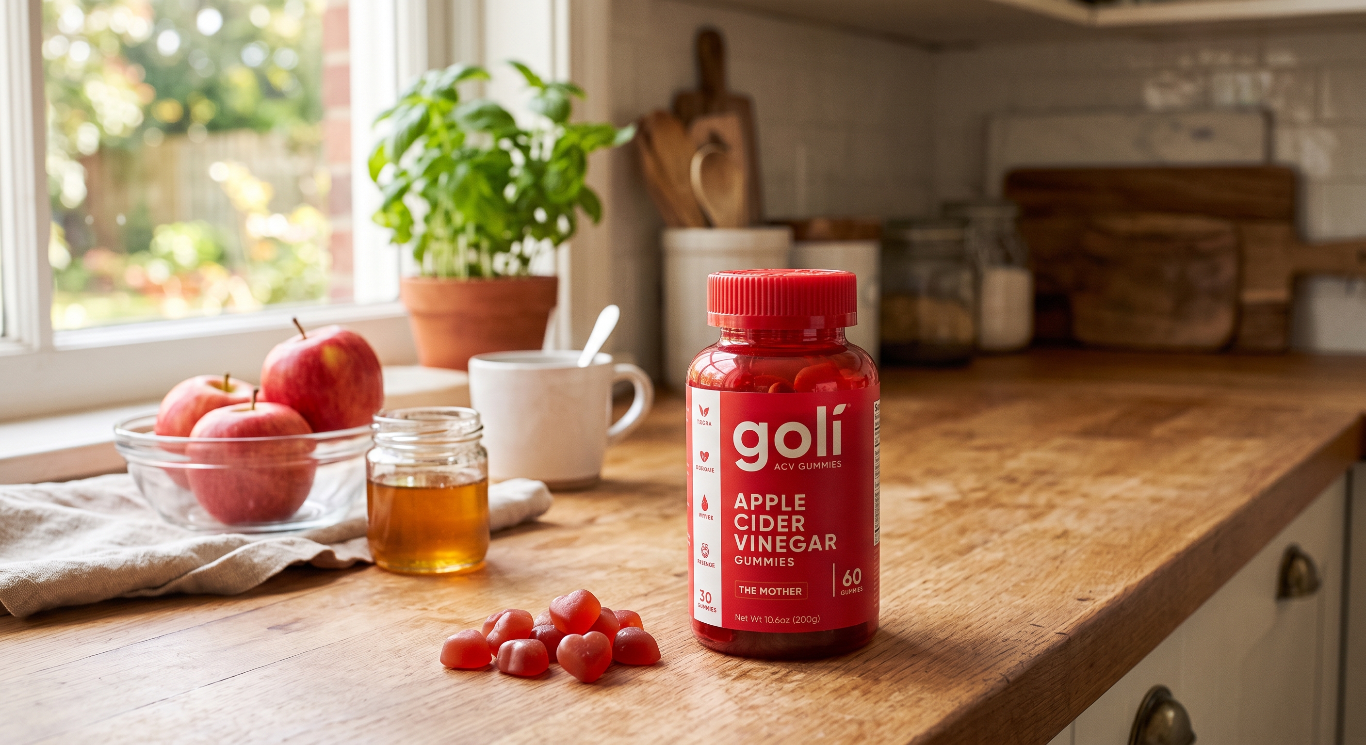 A red Goli Apple Cider Vinegar Gummies bottle resting on a wooden kitchen counter alongside fresh apples and gummies.