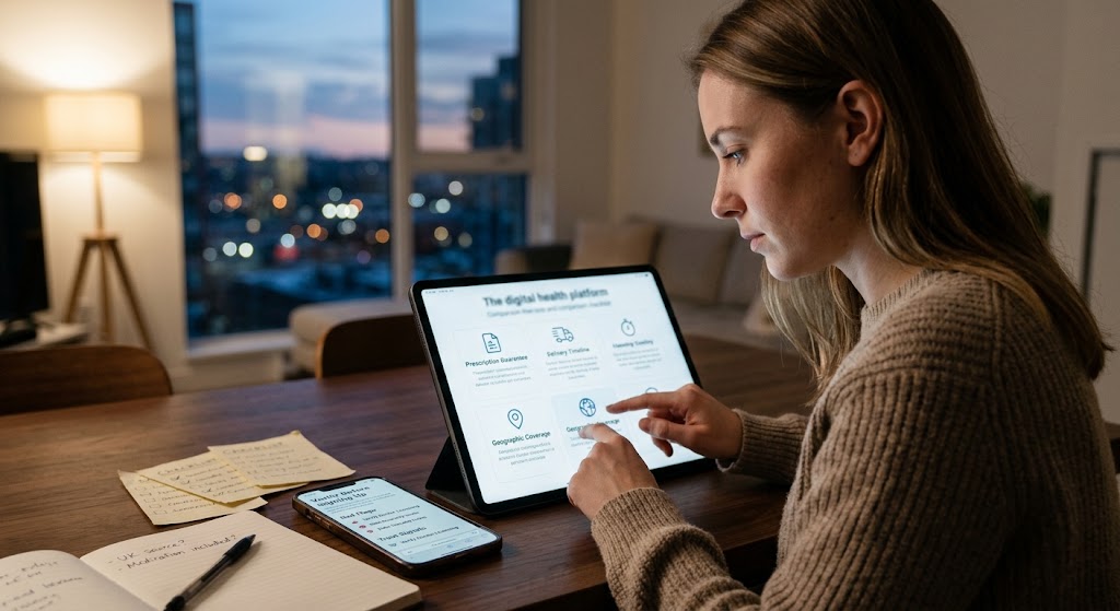 A woman reviewing online prescription guarantee details and geographic coverage on a digital health platform tablet.