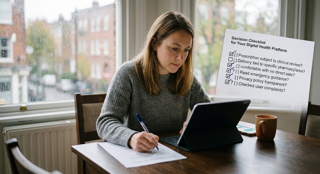 A woman sitting at a dining table marks a large, floating digital health platform decision checklist while using a tablet.