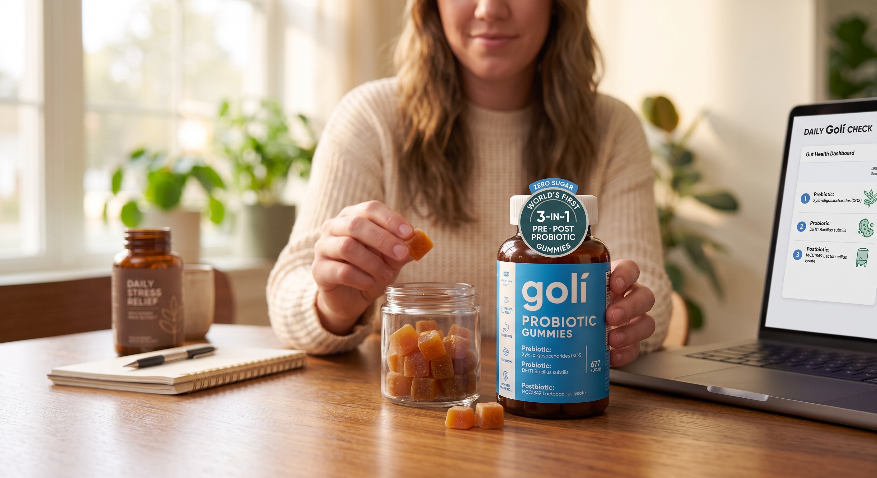 A woman holds a Goli Probiotic Gummy next to a jar, bottle, and laptop showing a health dashboard on a wooden table.