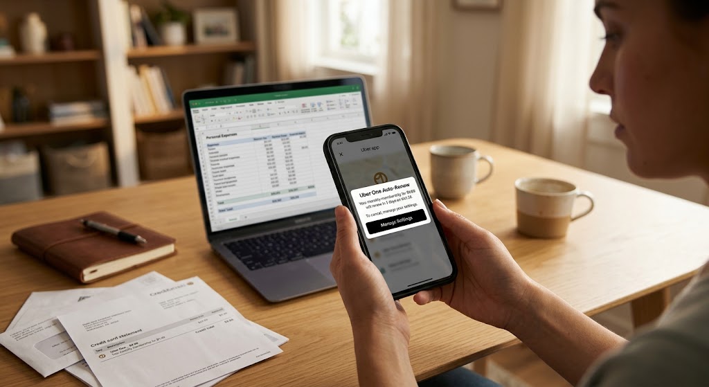 A person holds a phone showing an Uber One auto-renew notice at a desk with financial bills and a open laptop.