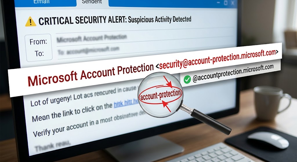 A magnifying glass highlights a fake Microsoft security email, exposing a subtly altered sender domain name on a desktop.