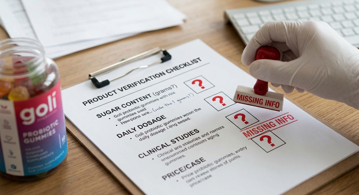 A checklist sitting next to a Goli probiotic gummy bottle with question marks and a red "MISSING INFO" stamp.