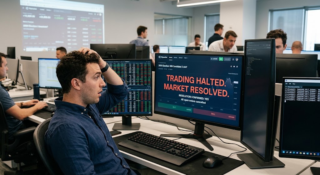 A trader reacts with shock as his screen displays a bold banner reading "Trading Halted. Market Resolved."