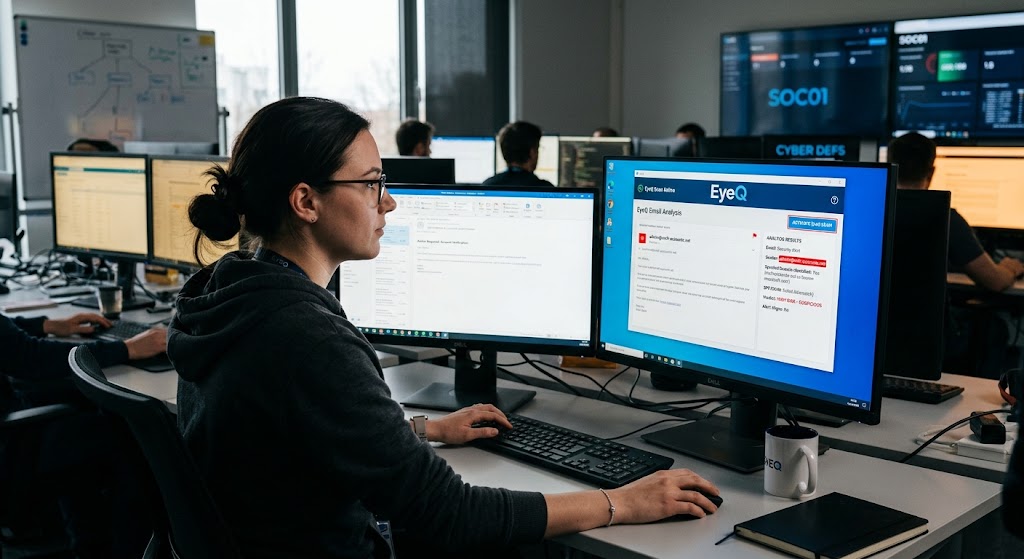 Cybersecurity analyst at a desk reviewing an EyeQ software security scan for email authentication and domain spoofing.