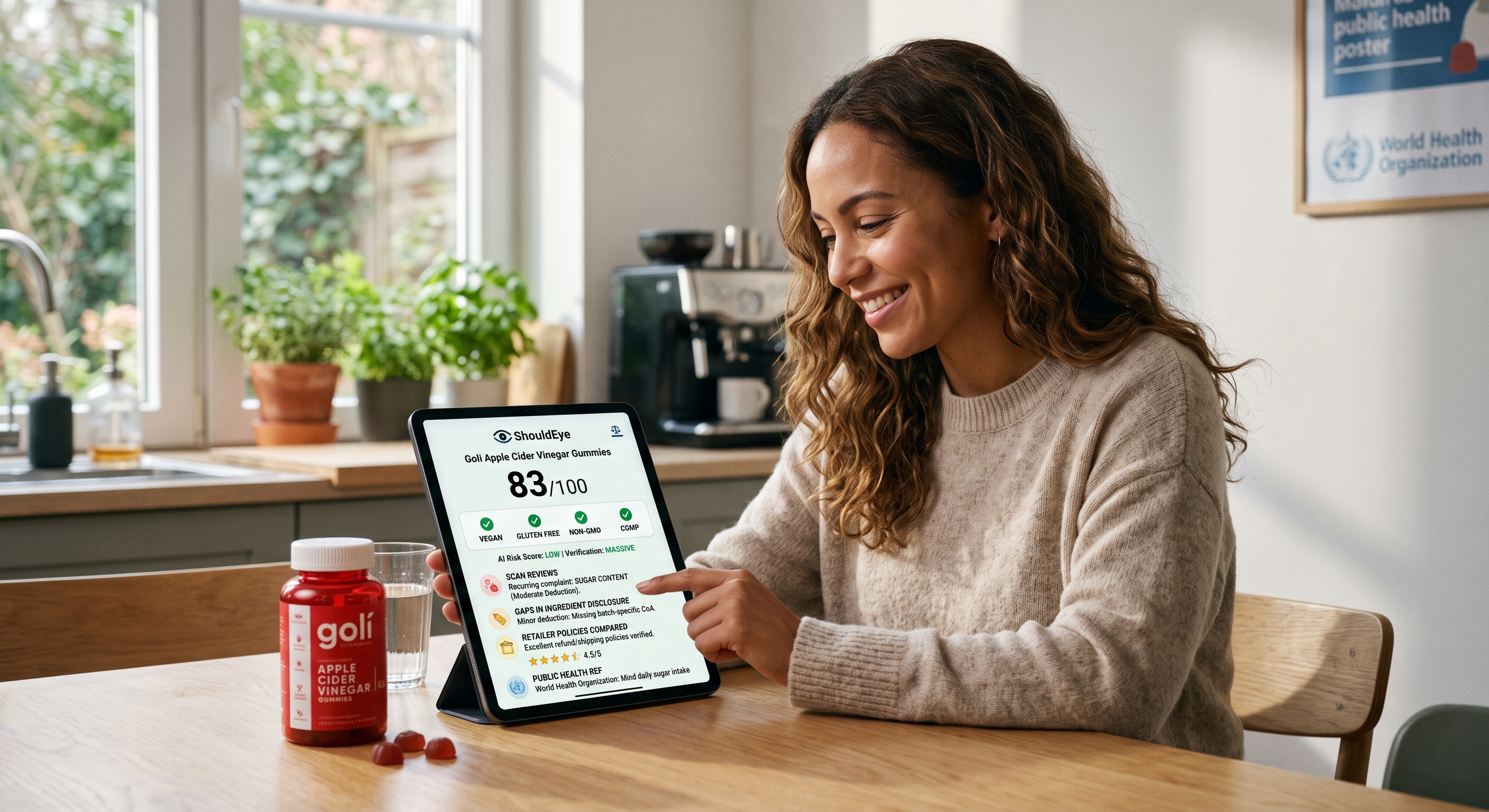 A woman uses an iPad app, ShouldEye, to check Goli gummies. She points to a trust score of 83/100 and key data.