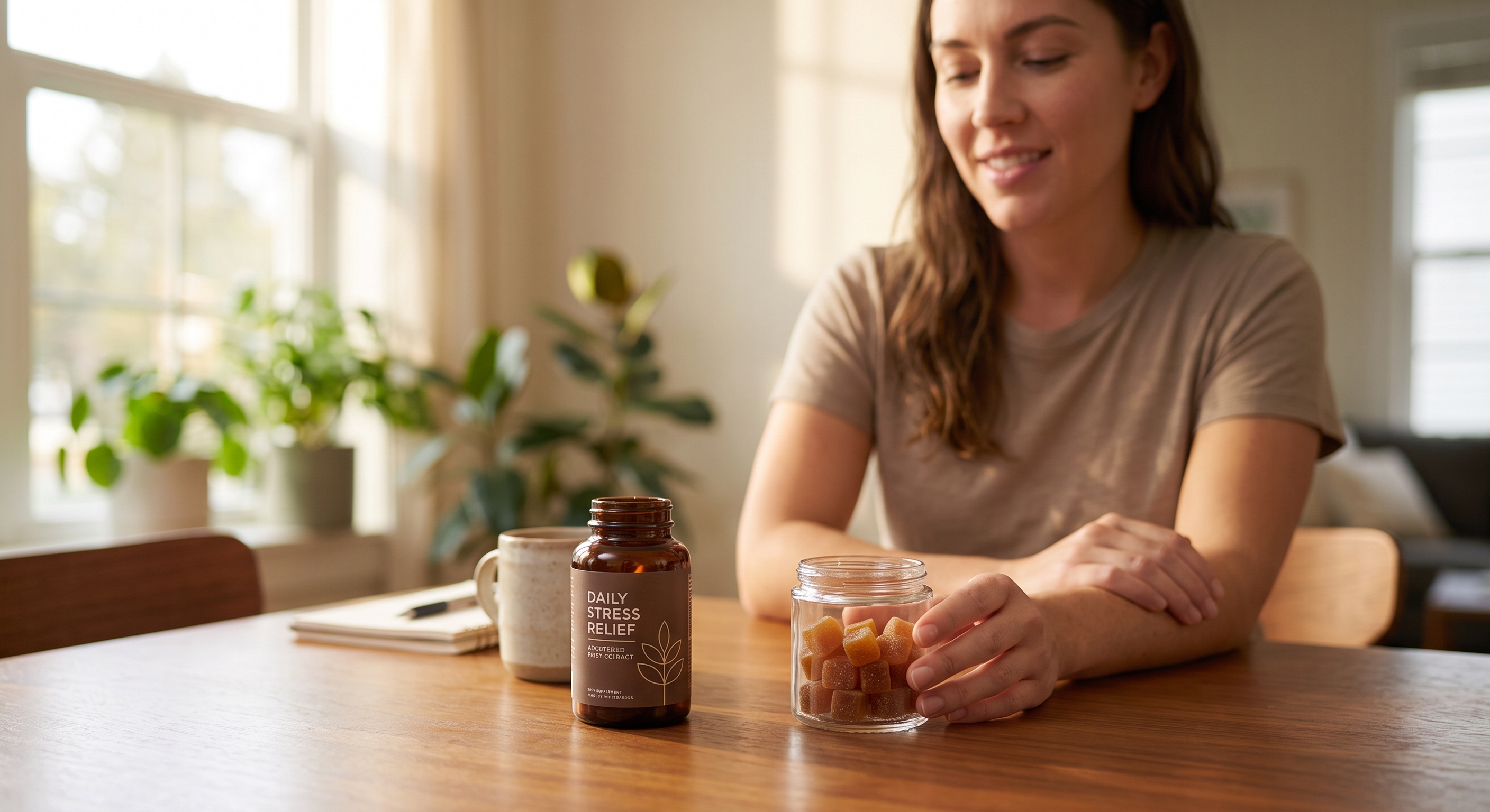 A woman sitting at a sunlit wooden table rests one hand near a clear glass jar of stress relief gummies next to a bottle.