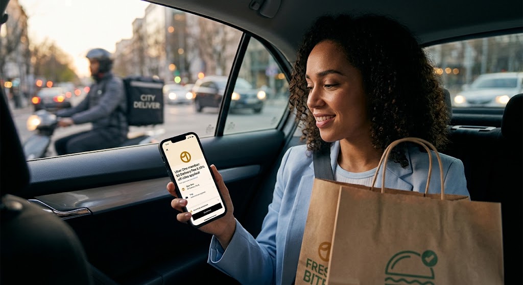 A woman smiling in a car looking at a smartphone, which shows Uber One membership benefits applied to a ride and food delivery.