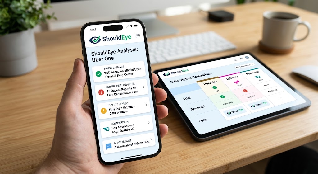A person holding a phone displaying ShouldEye's analysis of Uber One, next to a tablet showing a subscription comparison.