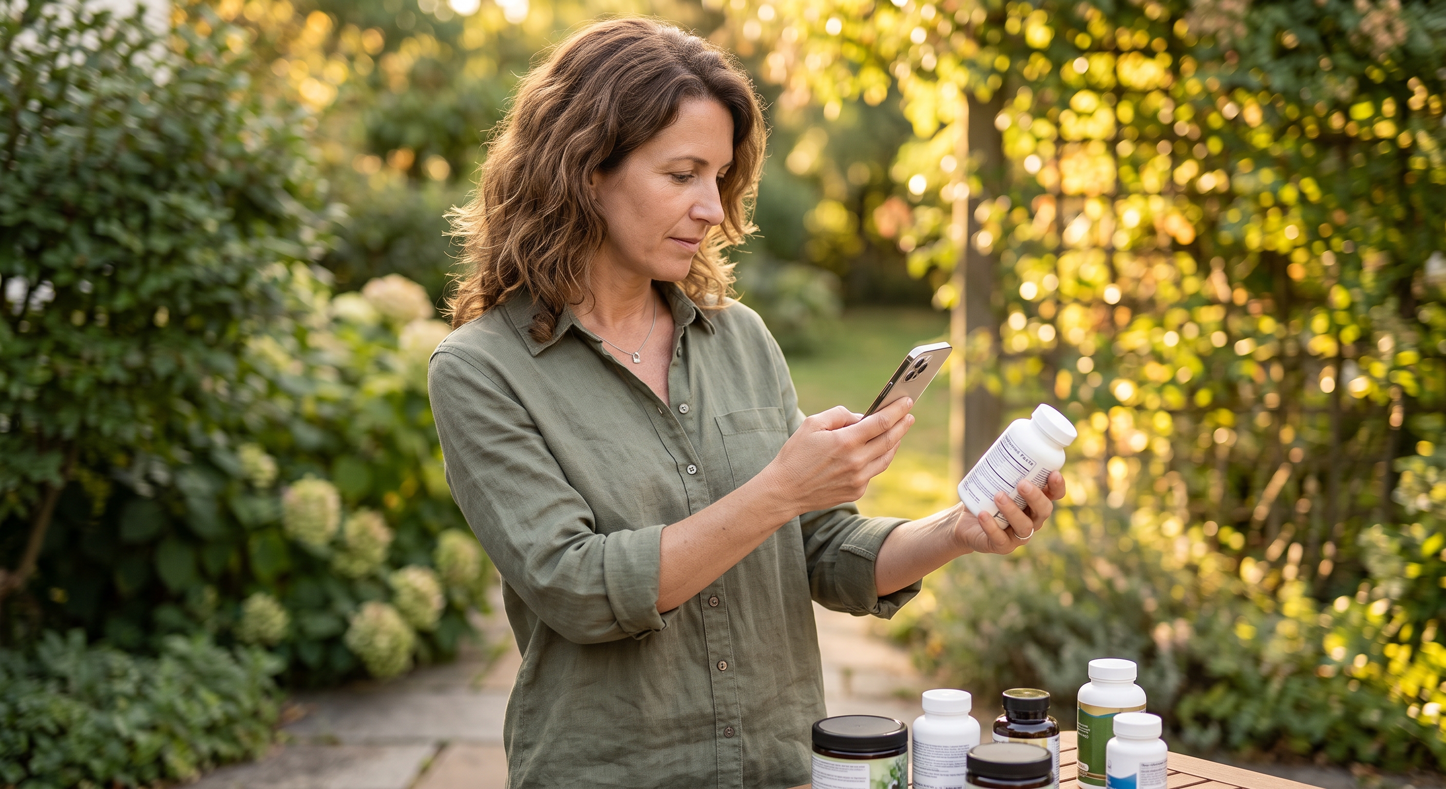 A woman with curly brown hair wearing a green shirt in a garden setting holds her smartphone to photograph a supplement bottle's label.