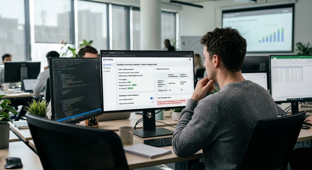 A developer reviews a ShouldEy3 market integrity report on his computer, with coding and data screens in the background.