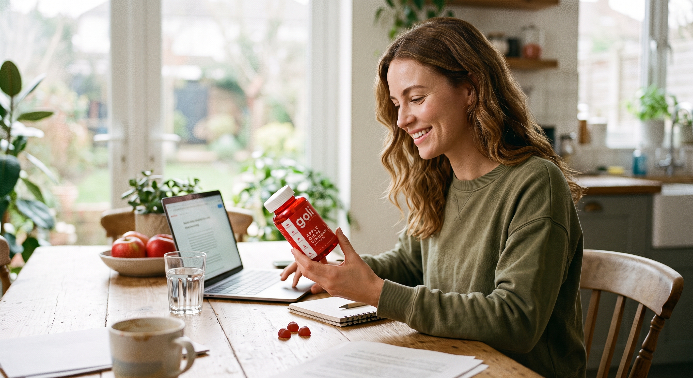 A woman in a green sweater smiles while looking at a red bottle of Goli supplements at a desk with a laptop and apples.