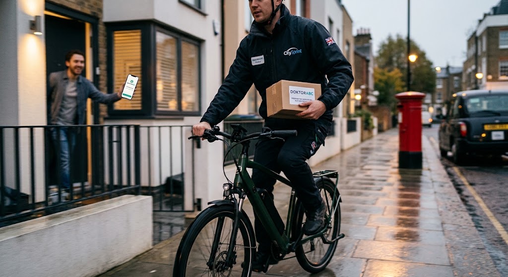 A delivery driver riding an e-bike down a UK street, holding a DoktorABC package for next-day medication delivery.