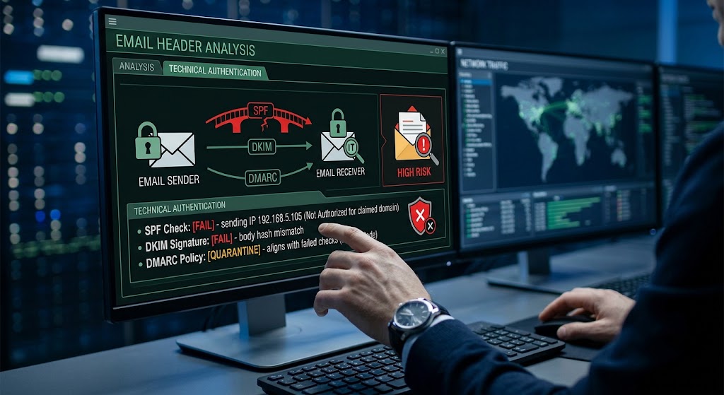Cybersecurity monitor displaying failed SPF, DKIM, and DMARC technical email authentication checks for a spoofed address.