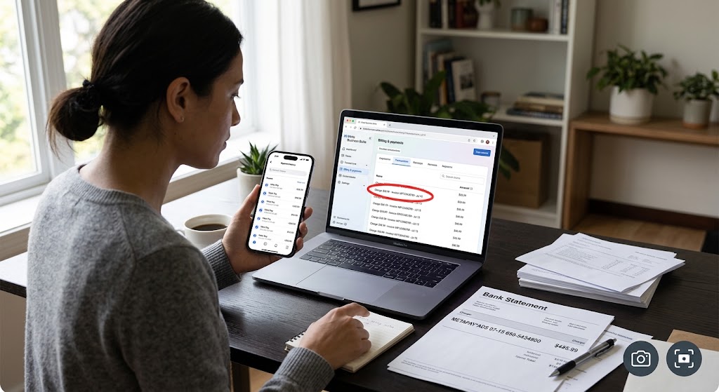 A woman at a desk uses her phone, laptop, and bank statement to compare a Meta Pay billing descriptor for a dispute.