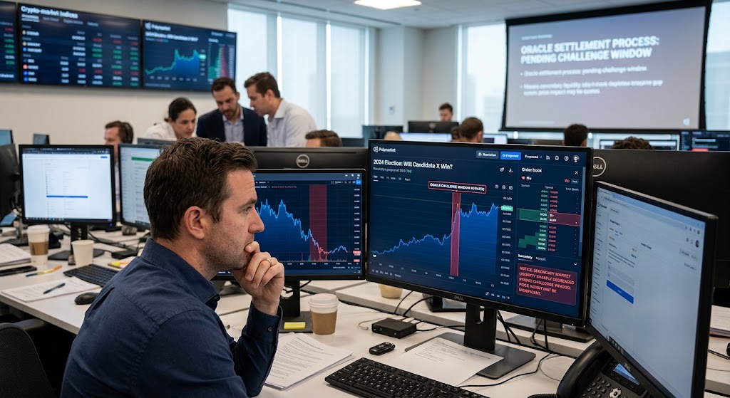 A trader in an office environment ponders prediction market data and an "Oracle Settlement" notice on his screens.