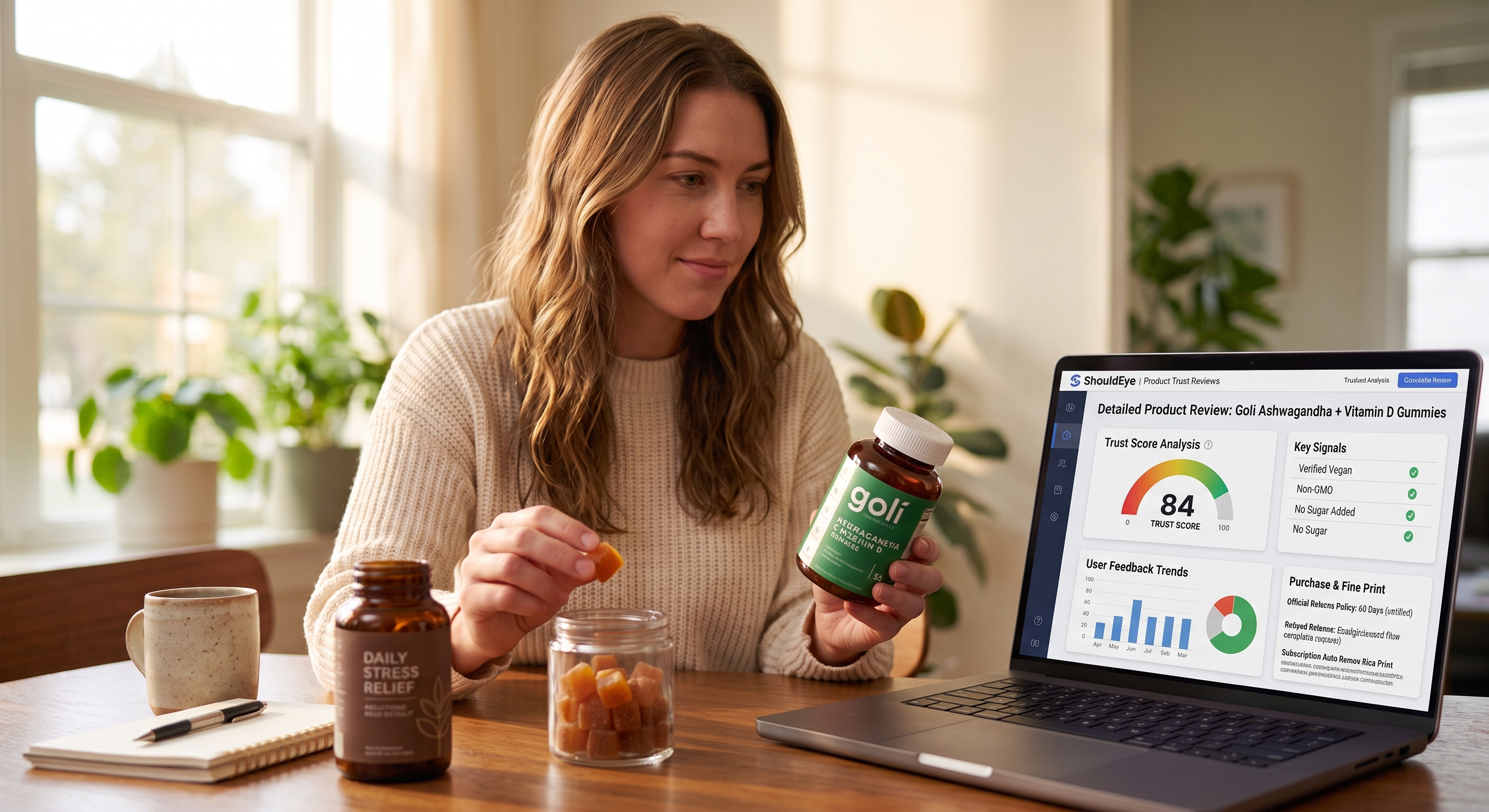 A woman holding a gummy and Goli bottle near a laptop displaying a "ShouldEye" product trust score.