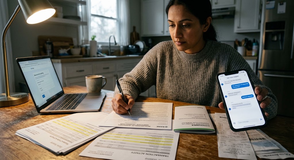A woman at a desk with an open laptop, papers, and a phone displaying a support chat about a refund request.