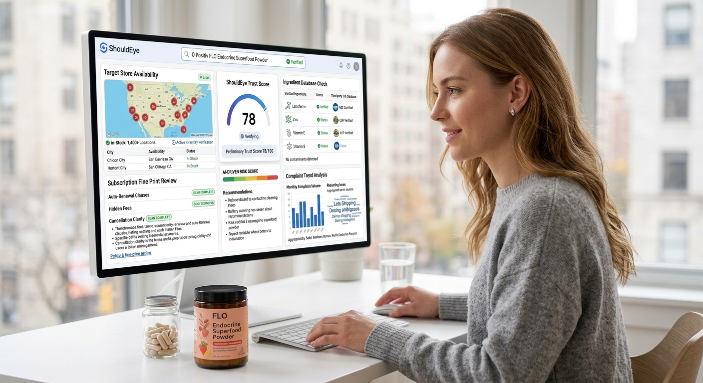 A woman uses a computer showing the ShouldEye Trust Score for FLO Endocrine Superfood Powder, next to a jar of the supplement.