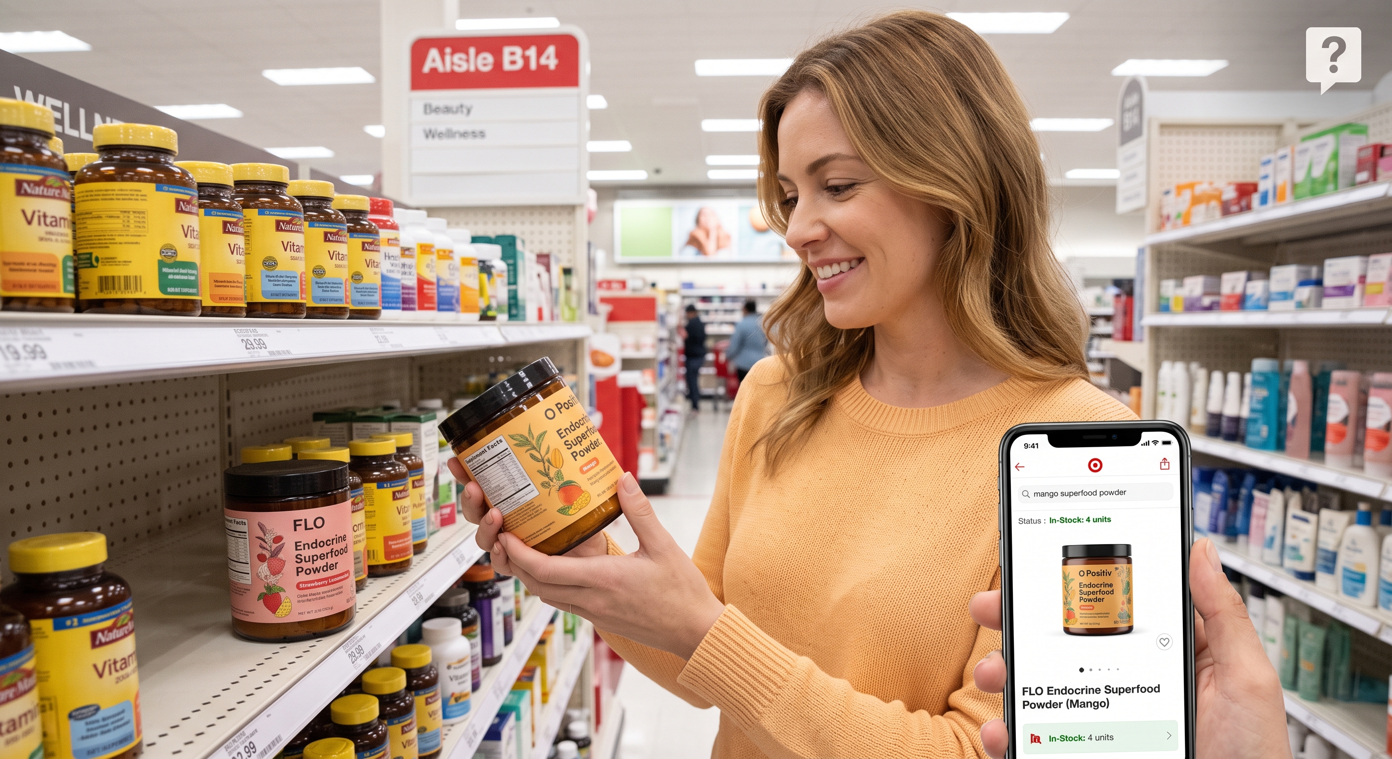 A woman smiles as she holds a jar of FLO powder in a Target wellness aisle, with a phone showing it in stock in the corner.
