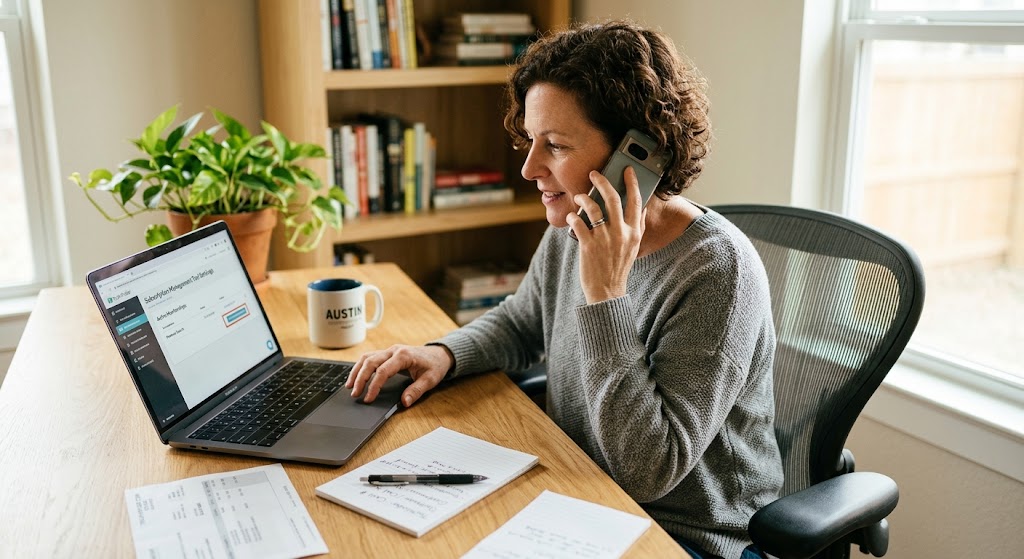 A woman speaks on the phone at her desk while using a laptop to manage online subscription settings to cancel a service.