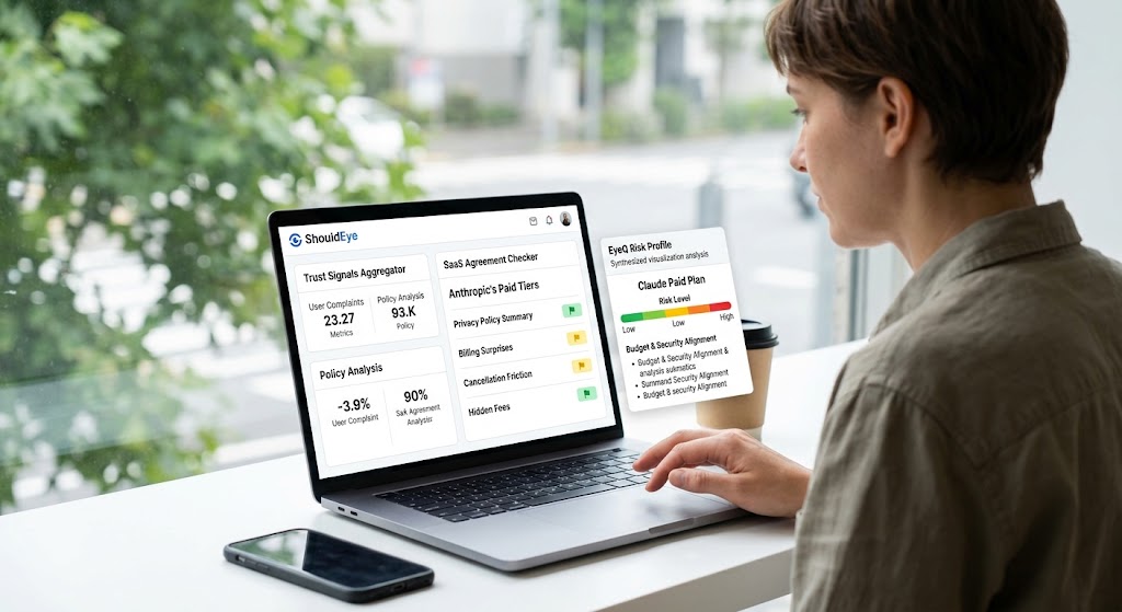 A person uses a laptop displaying the ShouldEye platform, which aggregates user reviews and analyzes SaaS agreements for risk.