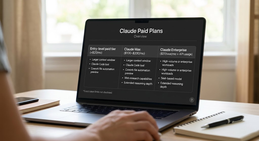 Laptop screen on a wooden desk displaying a side by side comparison table of Anthropic's three Claude paid subscription tiers.
