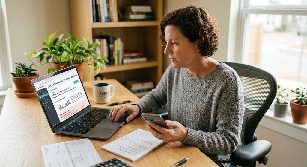 A woman at a desk uses a phone and a laptop with a ShouldEye analysis of a TruthFinder charge and risk factors.