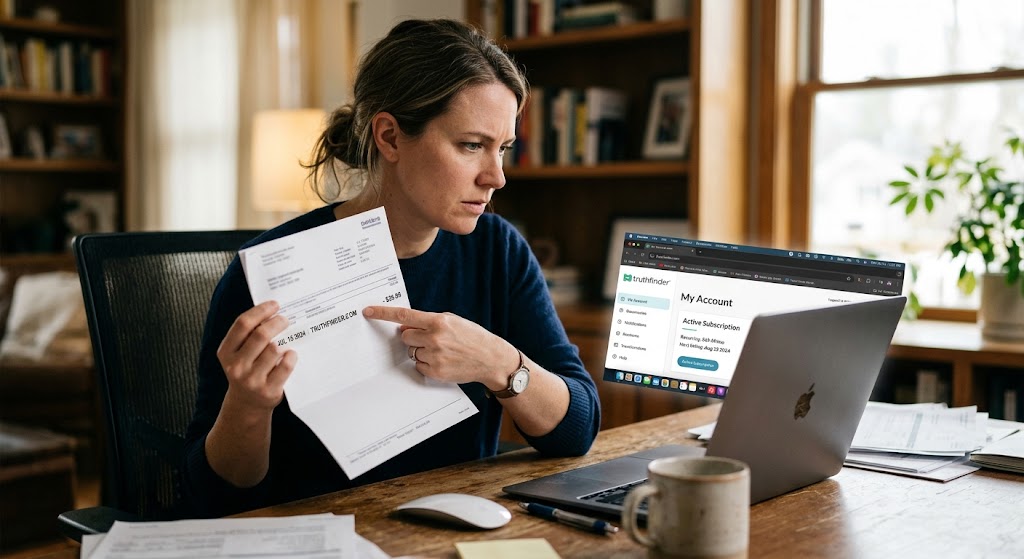 A woman at a desk holds a paper statement pointing to a charge while looking at a laptop showing an active subscription page.